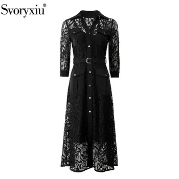 

Svoryxiu Designer Brand Sexy Hollow Out Embroidery Lace Black Dress Women's 3/4 Sleeve Spring Summer Fashion Office Lady Dresses
