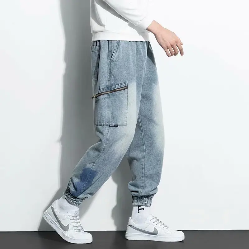 Kalanman Mens Cargo Denim Pants Skinny Casual Hip Hop Tapered Leg Jean at   Men’s Clothing store