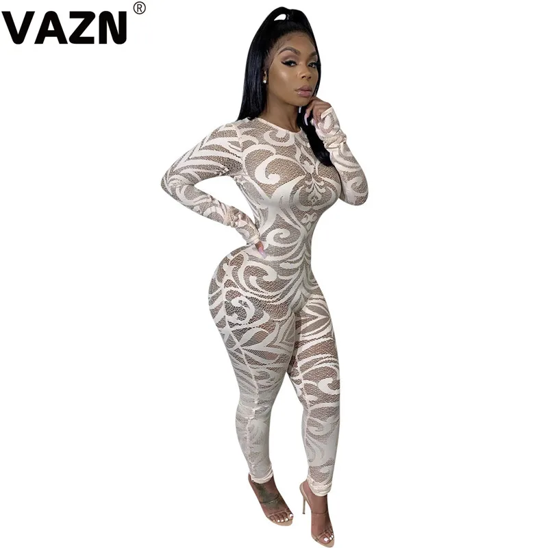 VAZN New arrival spring sexy lady white skinny jumpsuit full sleeve zipper fly print jumpsuit lady high street new jumpsuit