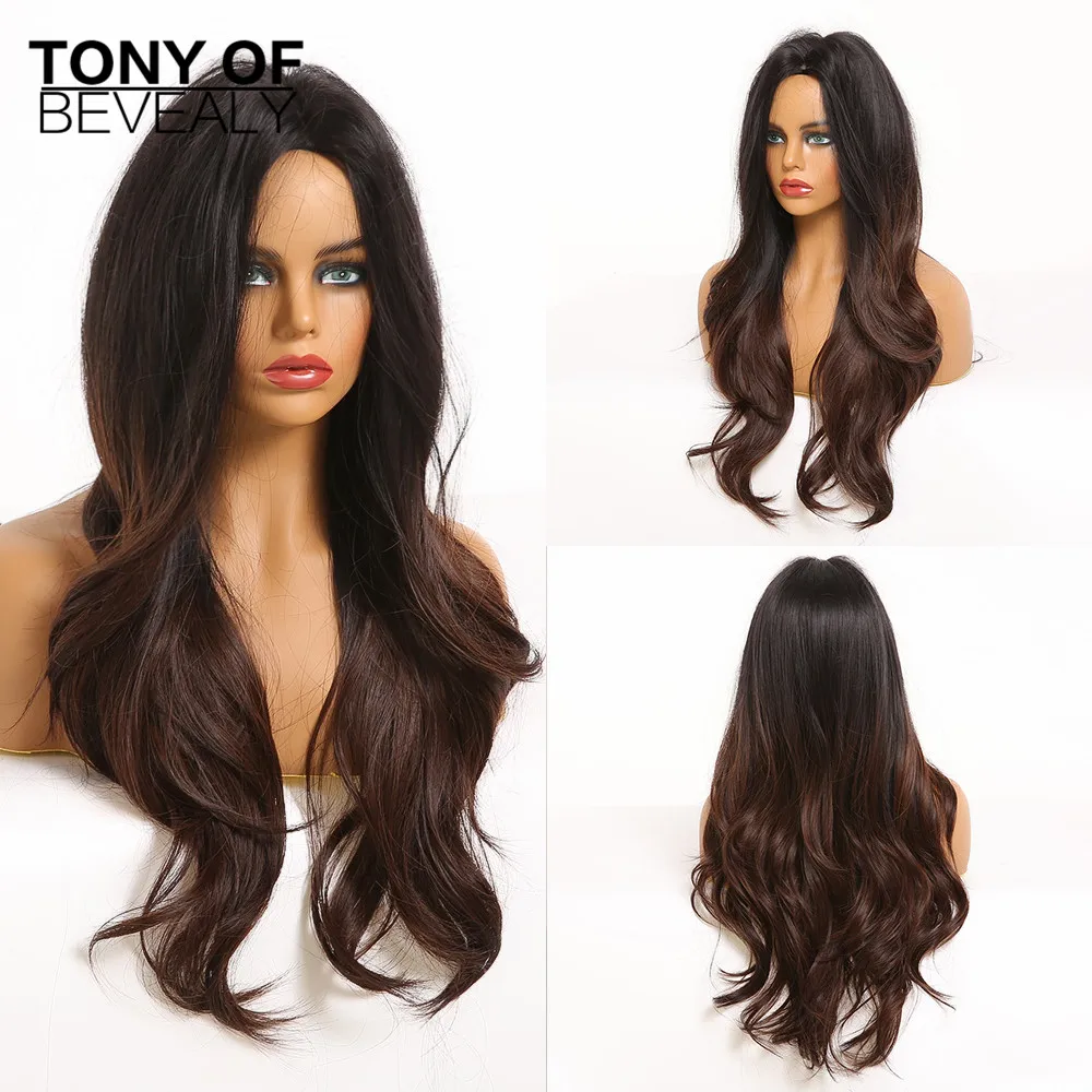 Long Water Wavy Synthetic Wigs Ombre Brown Middle Part Natural Hair Wigs For Women Cosplay Wigs Heat Resistant Fiber