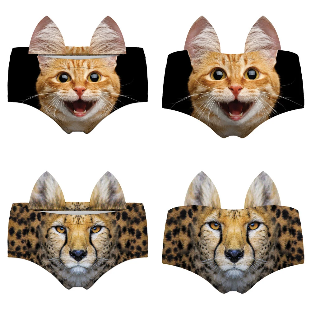 

1 pc Fashion Women Panties Sexy 3D Printing Animals Underwear Briefs with Ears Lift Up Waist and Hip Bulldog Cheetah Big Cat