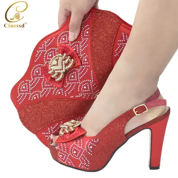 

2020 New Arrival Fashion Noble and Elegant Golden Ears of Wheat Shape Decorative Ladies Shoes and Bag Set in Red Color for Party