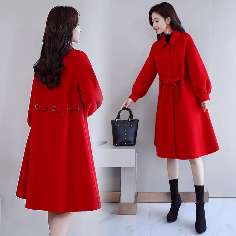 Vangull женские шерстяные пальто зимние двубортные однотонные длинные женские куртки осенние новые элегантные свободные шерстяные двубортное пальто верхняя одежда - Цвет: Красный