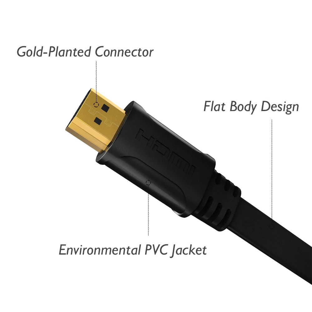 PCER Cabl Flat Slim HDMI Cable Cord Gold-Plated Tip Oxygen-Free Copper 4K*2K 3D Ultra HD High Speed 60hz 30hz 1.5M 2M 3M 5M