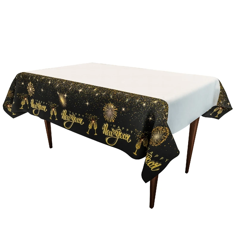

Black Gold HAPPPY NEW YEAR Tablecloth Disposable PE 132x220cm Party Tablecloth Decor 2020