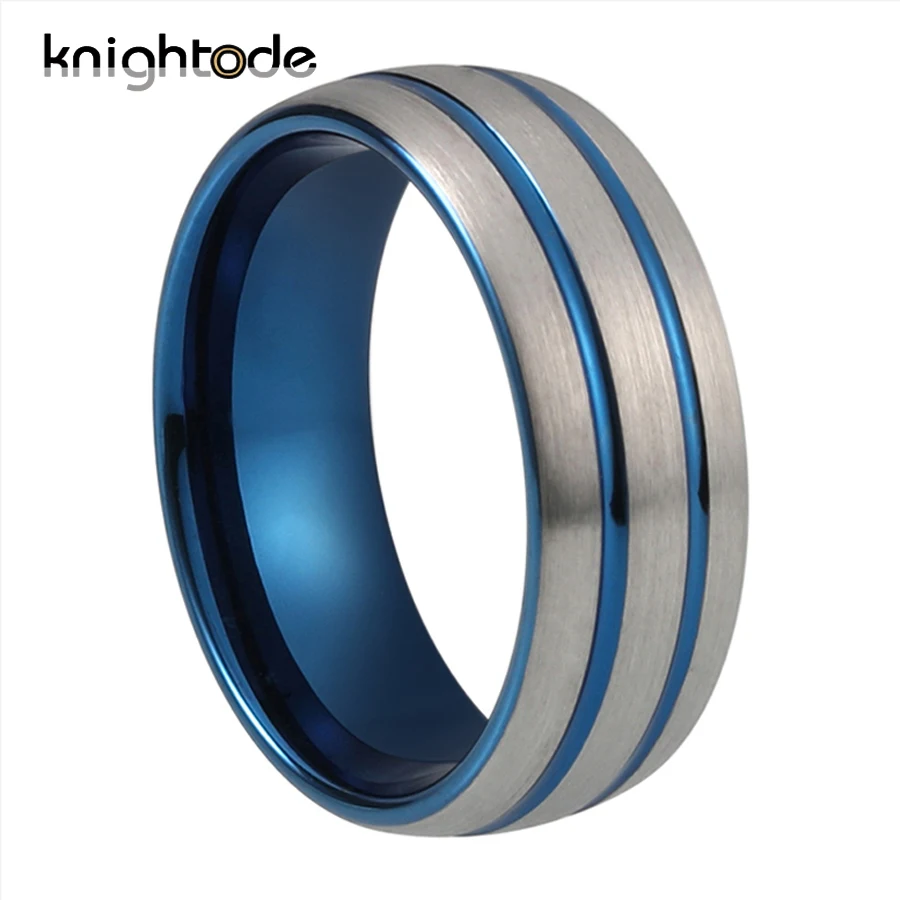 8mm Blue Plated Two Line Grooved Tungsten Carbide Wedding Band Personality Lovers Rings Jewelry Gift Domed Brushed Comfort Fit | Украшения