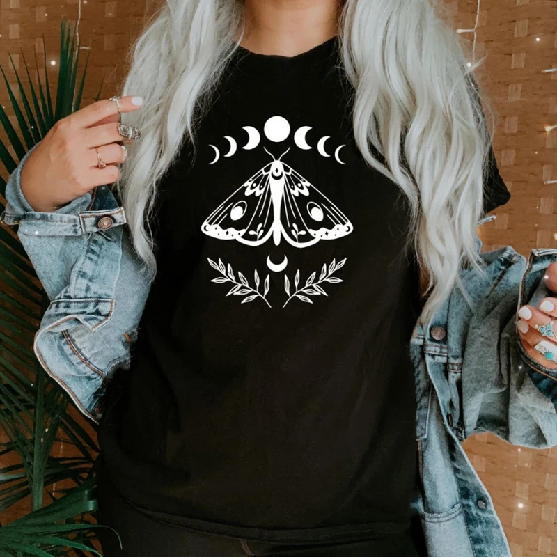 Spiritual Luna Moth 100% Cotton T-shirt Funny Witchy Woman Gothic Black Tshirt Aesthetic Moon Phase Graphic Tee Shirt Top