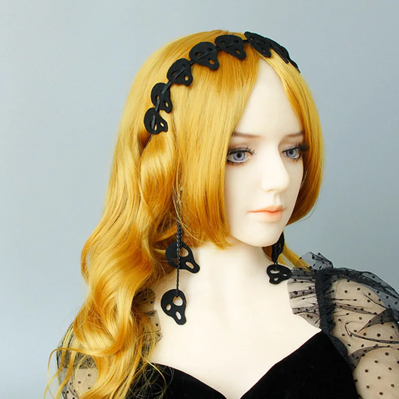 New-Halloween Exaggerated Skull Head Jewelry Set Gothic Felt Cloth Headband and Earrings Ladies Jewelry