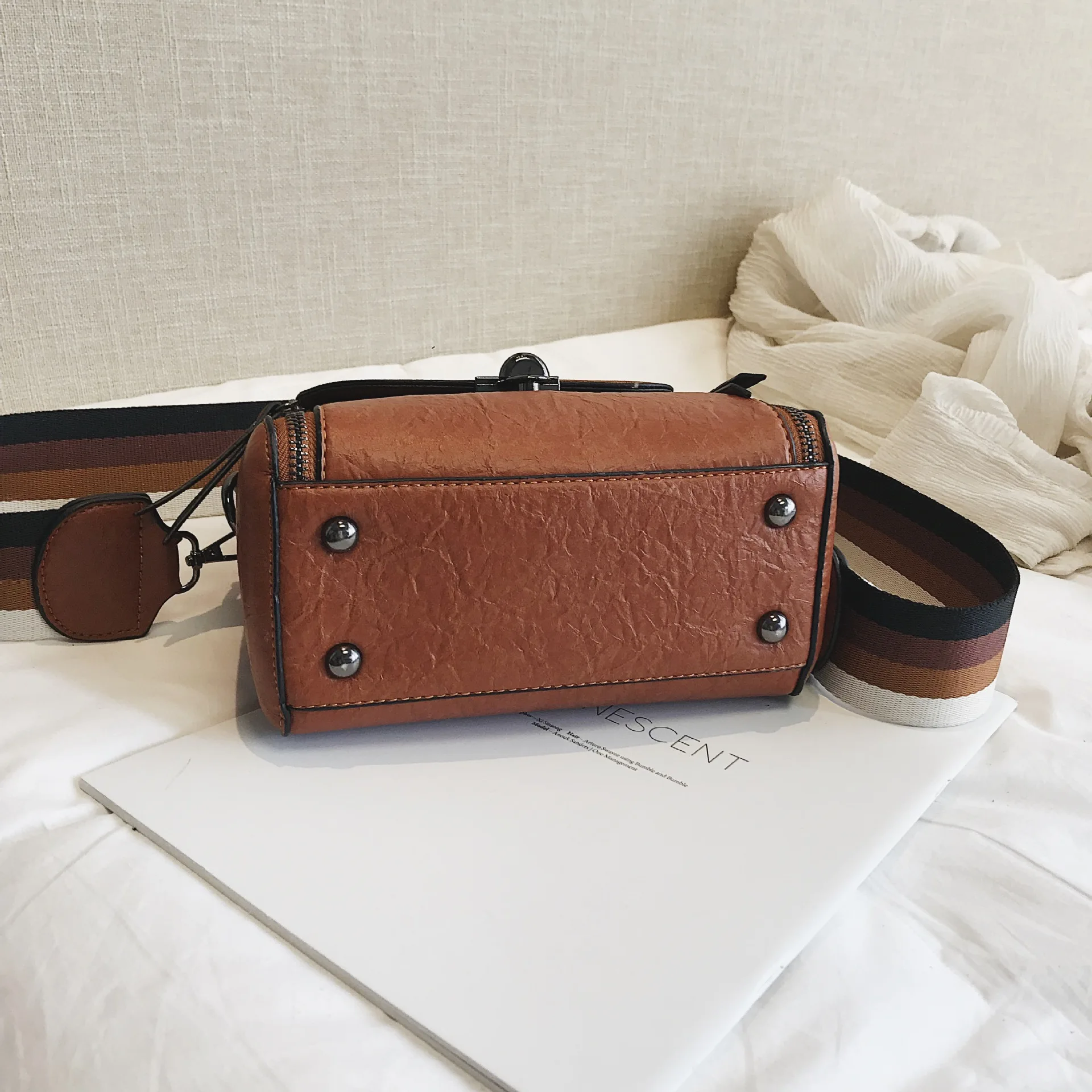 

Korean-style Pleated Pillow Lock Double Zipper Stripes Shoulder Oblique Handbag