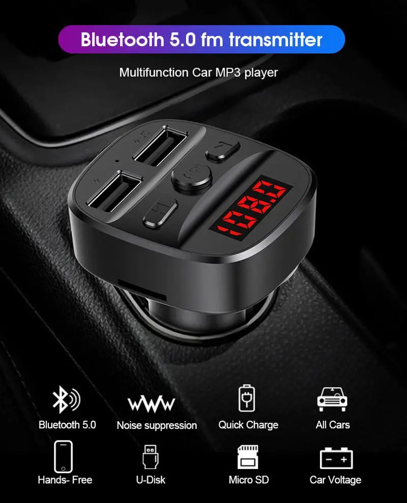 Автомобильный беспроводной FM-передатчик T60 Bluetooth 5 0 с поддержкой TF-карты |