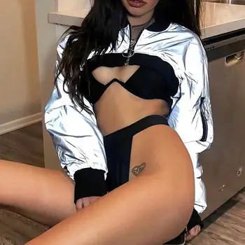 

Cool Women's Reflective Short Coat Crop Top Long Sleeve Zipper Bomber Jacket Easy to match comfortable wear Reflective clothes