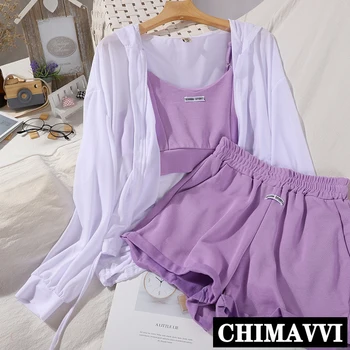 

Loose Hooded Zip Cardigan Sunscreen Shirt + Camisole Top + Elastic Waist Wide-Leg Shorts Three-Piece Set Female Girl Sports Suit