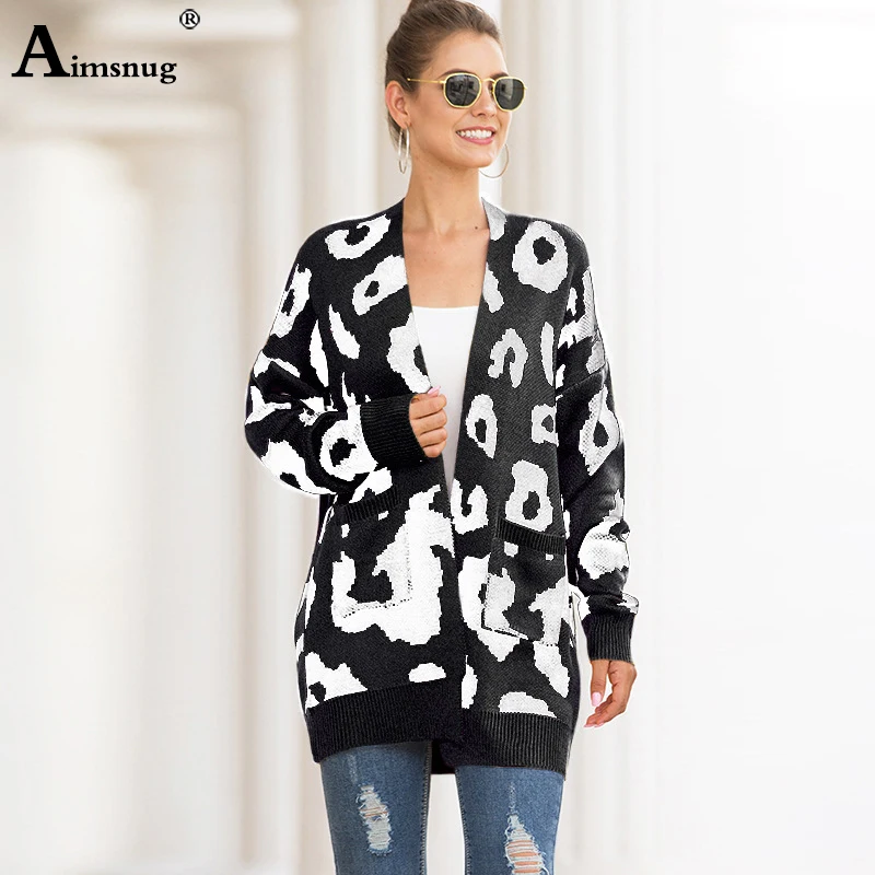 

Aimsnug Long Leopard Cardigan Sweaters Women Long Sleeve Autumn Winter Tunic Outerwear Female Casual Loose Sweater Long Coat