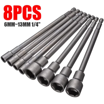 

8Pcs 6mm-13mm 1/4" Hex Shank Power Nut Driver Socket Set Impact Drill Bits 150mm Long Nut Driver Set Socket Adapter