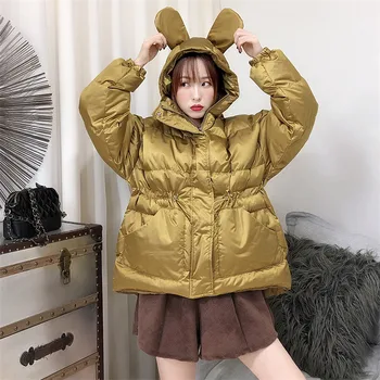 

Women Hooded Parkas 2019 New Fashion Loose Winter Coats Drawstring Waist Hippie Warm Cotton Coat Cute Rabbit Ear Bubble Coats