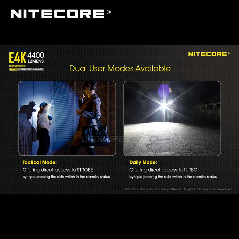 Next Generation NITECORE E4K 4400 Lumens 4 x CREE XP-L2 V6 LEDs 21700 Compact EDC Flashlight with 5000mAh Li-ion Battery