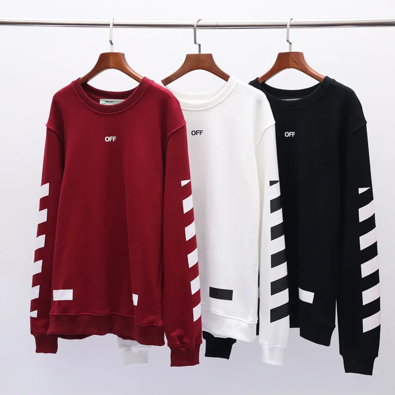 OFF-WHITE OW VIRGIL ABLOH trend свободная хип-хоп Уличная с длинным рукавом с круглым вырезом в полоску плюс бархатная мужская толстовка с капюшоном куртка