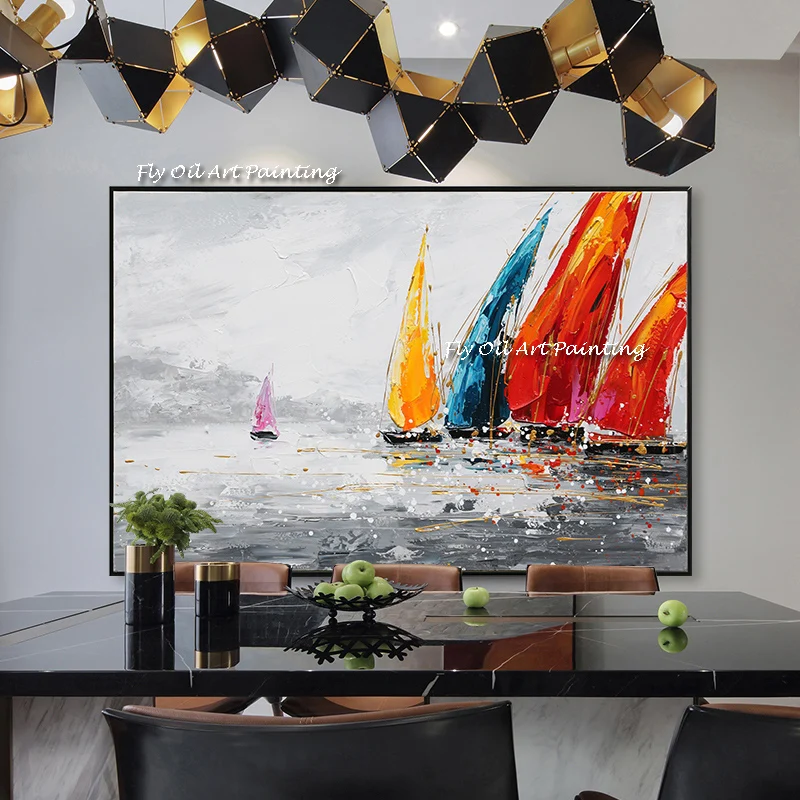 

100% Hand Painted Colorful Sailboat Oil Painting picture Wall Art Home Decor Picture Modern Oil Painting On Canvas Frameless