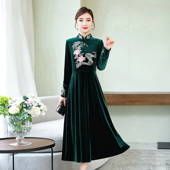

Winter velvet retro A-line cutting Cheongsam long dresses