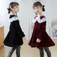 Детское бархатное платье принцессы золотого цвета для девочек; модное кружевное платье принцессы с цветочным рисунком; комплекты одежды; детская одежда с кукольным воротником