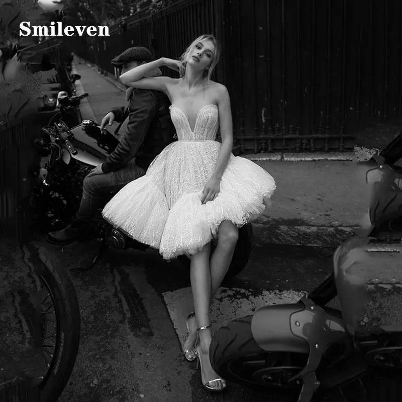 

Smileven Boho Short Lace Wedding Dress 2019 Sweetheart A Line mini Boho Bride Dresses Strapless Knee Length Beach Wedding Gowns
