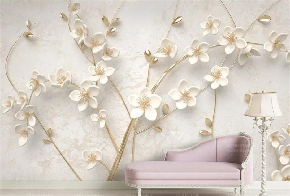 beibehnag обои Customized 3d wallpaper beautiful white plum simple European gold 3d embossed TV background wall papel de parede