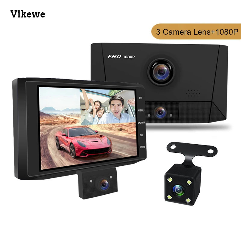 Автомобильный видеорегистратор Vikewe с 3 объективами камеры 4 &quotips 1080P HD