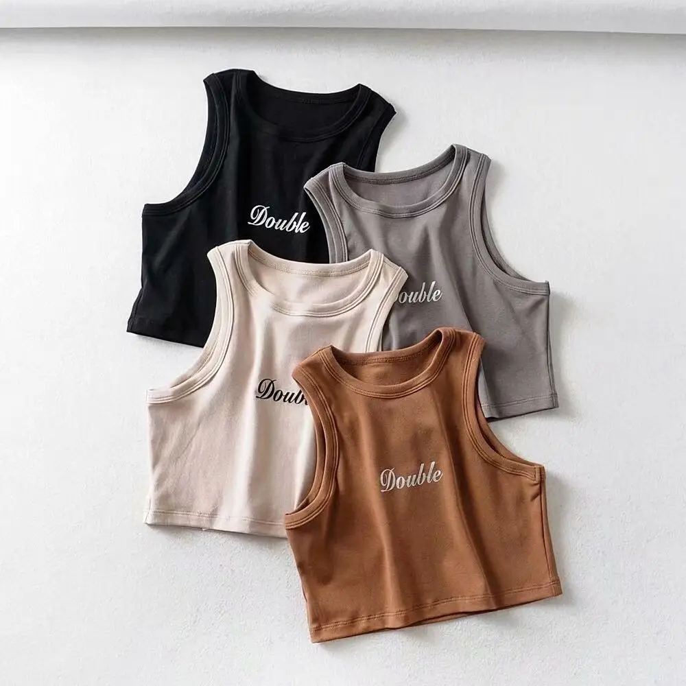 

2019 Autumn Europe And America Fashion Pullover Crew Neck Sleeveless Printed Words Slim Fit Short Tank Top