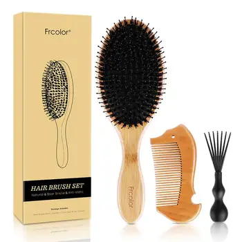 

3 PIECES/SET Bristle Hair Brush Set Natural Wooden Bamboo Handle Anti-Static Massage Comb Straightening Detangling Styling Comb