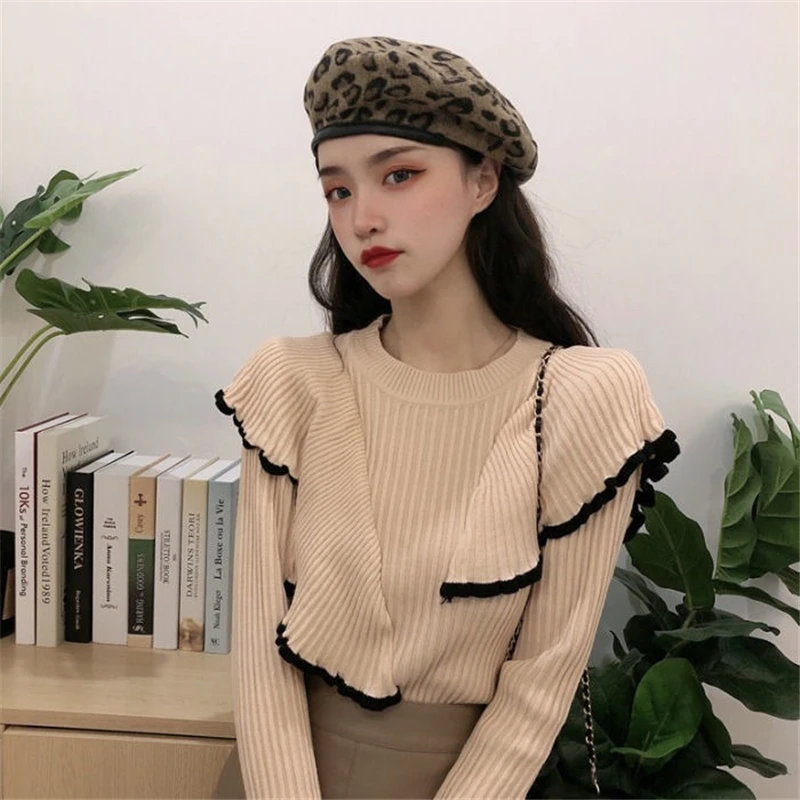 cardigan Korean Style Flounced Stitching Pullover Sweaters 2022 Spring OL Basic Bottoming Knit Sweater Slim Warm Thick Knitted Tops white sweater Sweaters