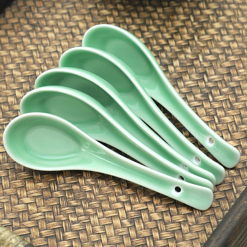 

2PCS/Lot Longquan Celadon Rice Spoon Ceramic Small Soup Spoons Chinese Tableware Vintage Long Scoop Student Scoops Crafts Decor