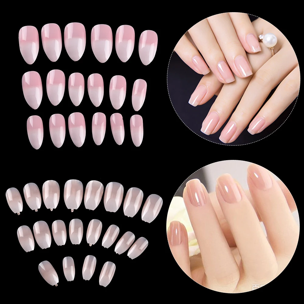 24Pcs Fashion Jelly nude Fake nails lovely pink gradient Full cover French Style coffin Nail Art Patch Stiletto Nails | Красота и