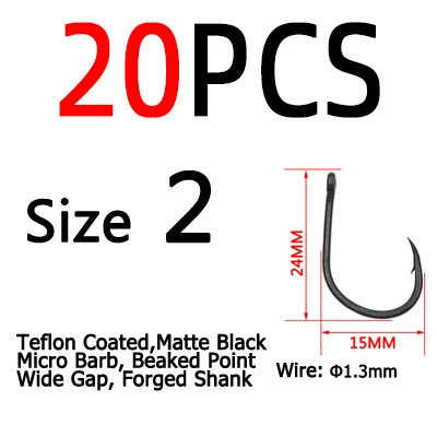 ICERIO 20pcs Straight Handle Beaked Point Wide Gap Carp Fishing Hook High Carbon Steel Matt Black Barbed Pop-up Rig Hooks 20pcs  Size 2