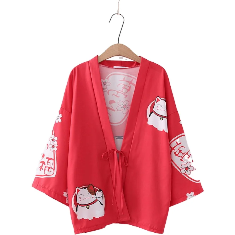 Женские Длинные кимоно кардиган блузка в японском стиле с мультяшным принтом