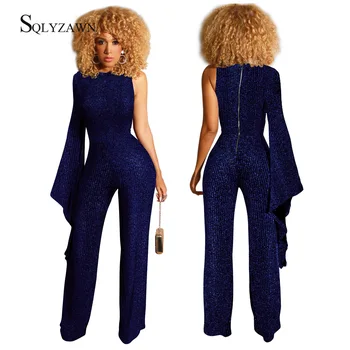 

Glitter Striped Loose Wide Leg jumpsuits for Women One Shoulder Ruffles Sleeve Casual Elegant Romper Overalls Combinaison Femme