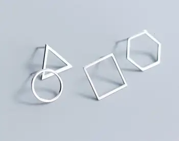 

100% 1pair Real. 925 Sterling Silver Fine Jewelry Big Open hexagon /Square /Triangle Geometric Shape Stud Earrings gtle2065