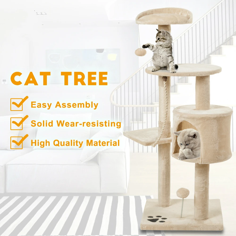 

3 Tier Cat Tree Scratcher Tower Condo Furniture Scratch Post Cat Jumping Toy Kitten Pet House Hammock with Ball (Beige) Cat Tree