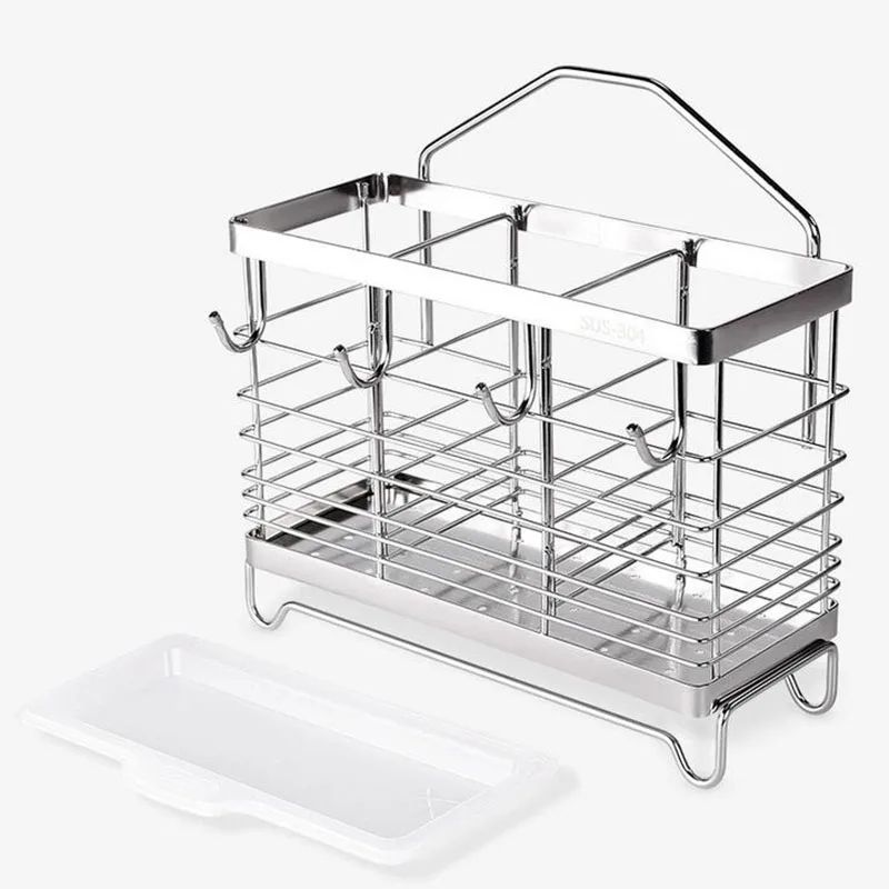 304 Stainless Steel Chopsticks Spoon Fork Cutlery Drying Rack Draining Water Tray Kitchen Shelf Stand Holder Tool 4 Hanging Hook