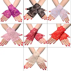Women Summer Hollow Out Floral Lace Fingerless Gloves UV Sun Protection Driving Wedding Bridal Short Half Finger Mittens Scar Up