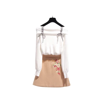 

New Winter Knitting Sweater A Word Loose Top Embroidery A Line Skirt Knitted Suits Two Pcs Clothing Set Women Knitwear Leisure