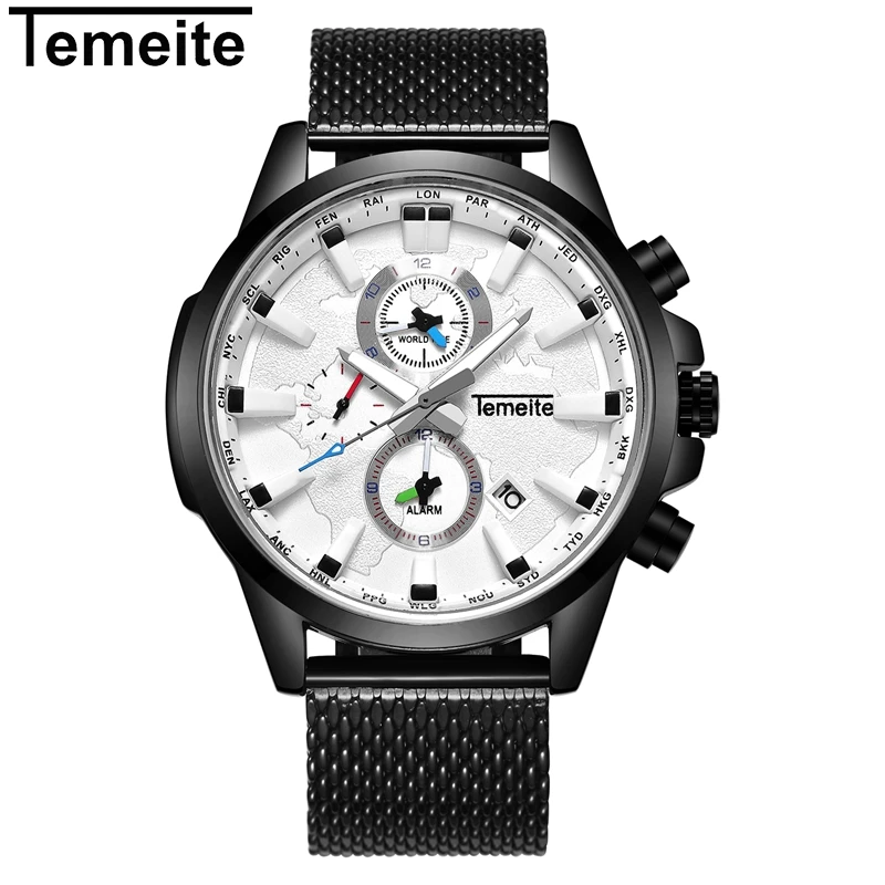 TEMEITE Original Mens Watches Top Brand Luxury Waterproof Quartz Watch Men Clock Date Mesh Strap Wristwatches Male Relogio - Цвет: black white