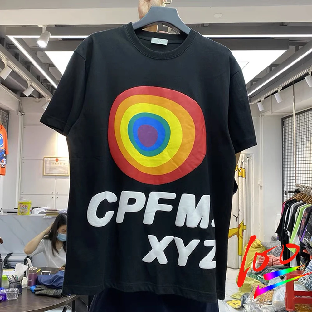 CPFM.XYZ Rainbow Circle Foaming Printing T-shirts Men Women Fashion Summer Brand Clothing Hip Hop Casual Tops Tees | Мужская одежда