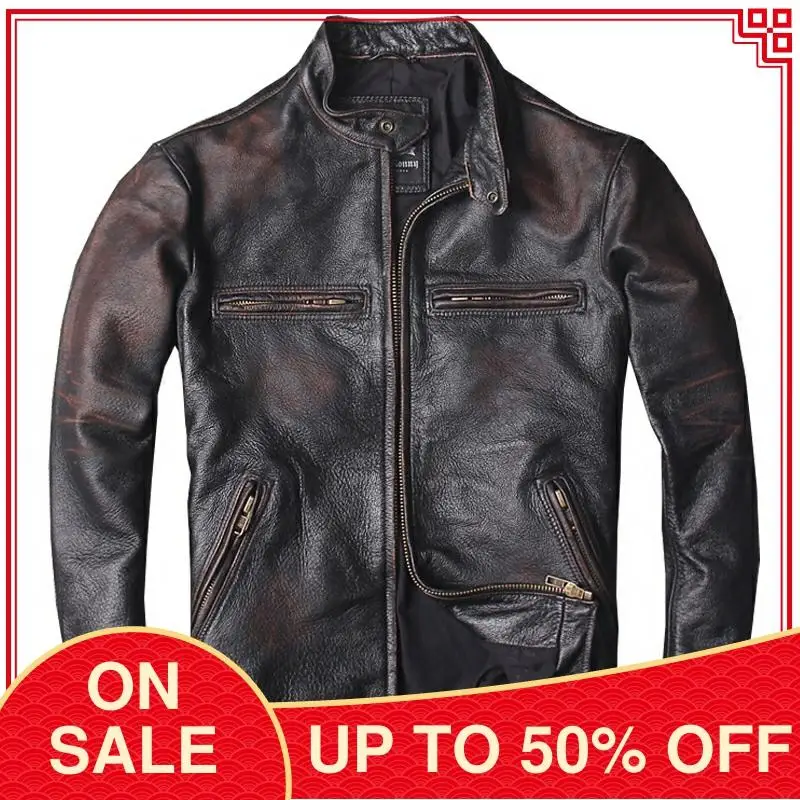 2020 винтажная Черная Мужская облегающая Байкерская кожаная куртка размера плюс 6XL
