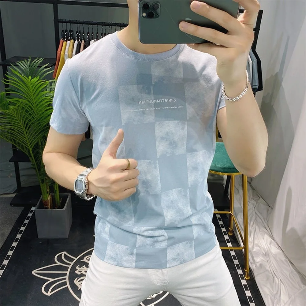 

Men's Top 2021 New Summer Large Size Light Blue Plaid Ice Silk Short Sleeve T-shirt Half Sleeve Top Sweatshirt Graphic T Shirts