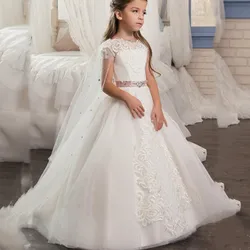 Princess Dresses For Girls Party Wedding 2021 Organza Floor-Length O-Neck Short Sleeve Bow Design Lace Applique Ball Gown Luxury