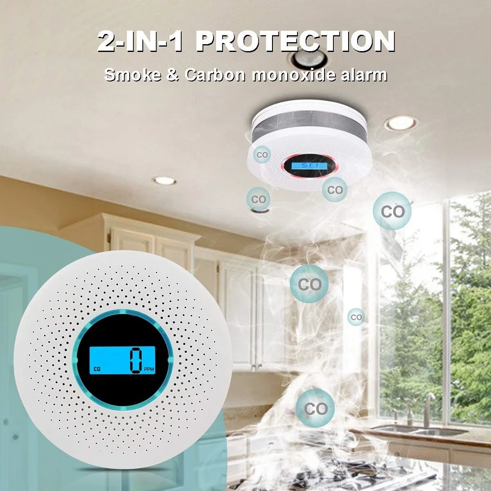 Detector de monóxido de carbono con batería, alarma de CO de alta precisión con advertencia de sonido y pantalla LCD Digital