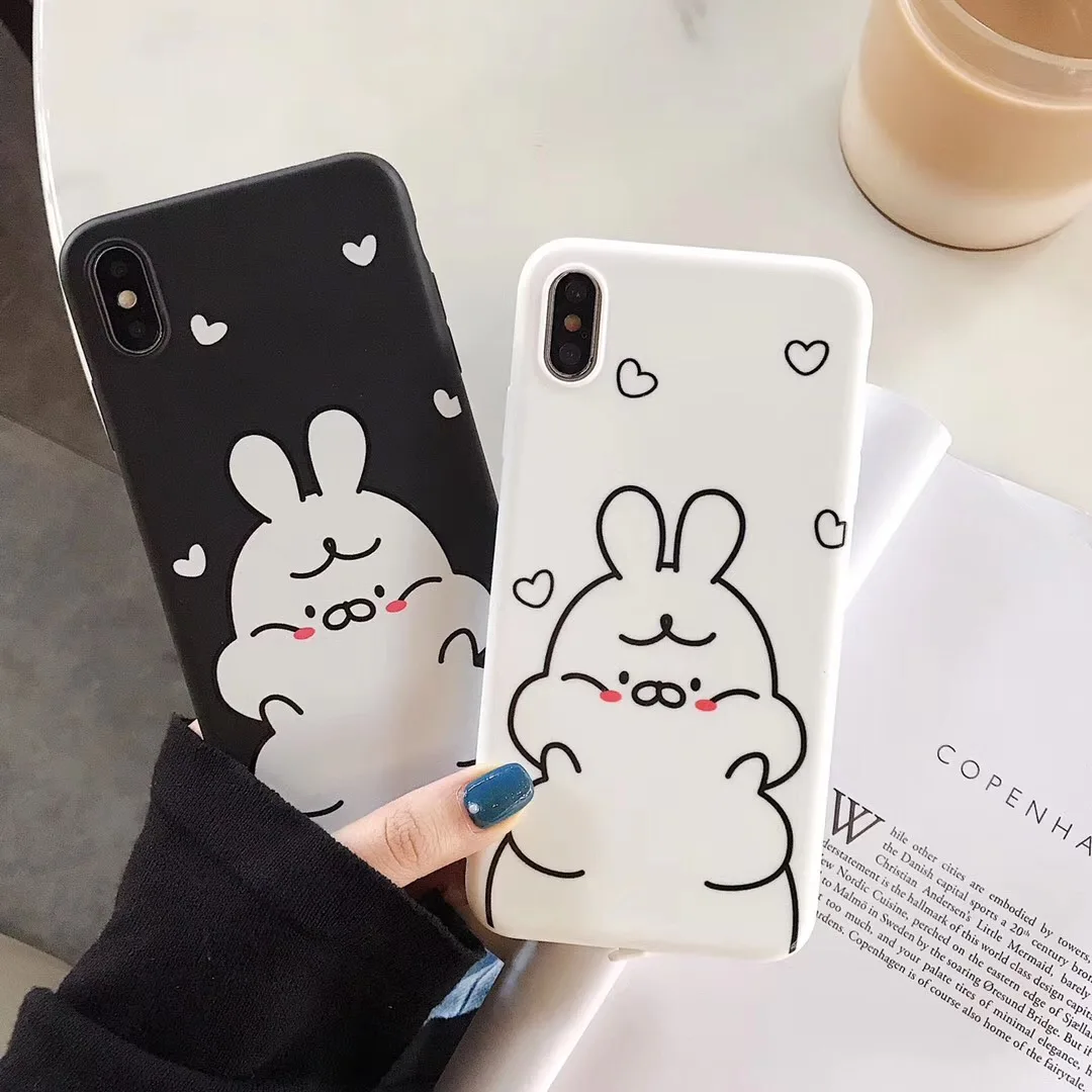 Love hearts Simple cute cartoon fat rabbit phone case For iphone Xs MAX XR X 6 6s 7 8 plus couple fun soft TPU back Cover matte |