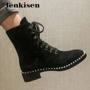 

Lenkisen work boots sheep suede pearl decoration cross-tied elegant lady round toe thick low heel lace up mature ankle boots L41