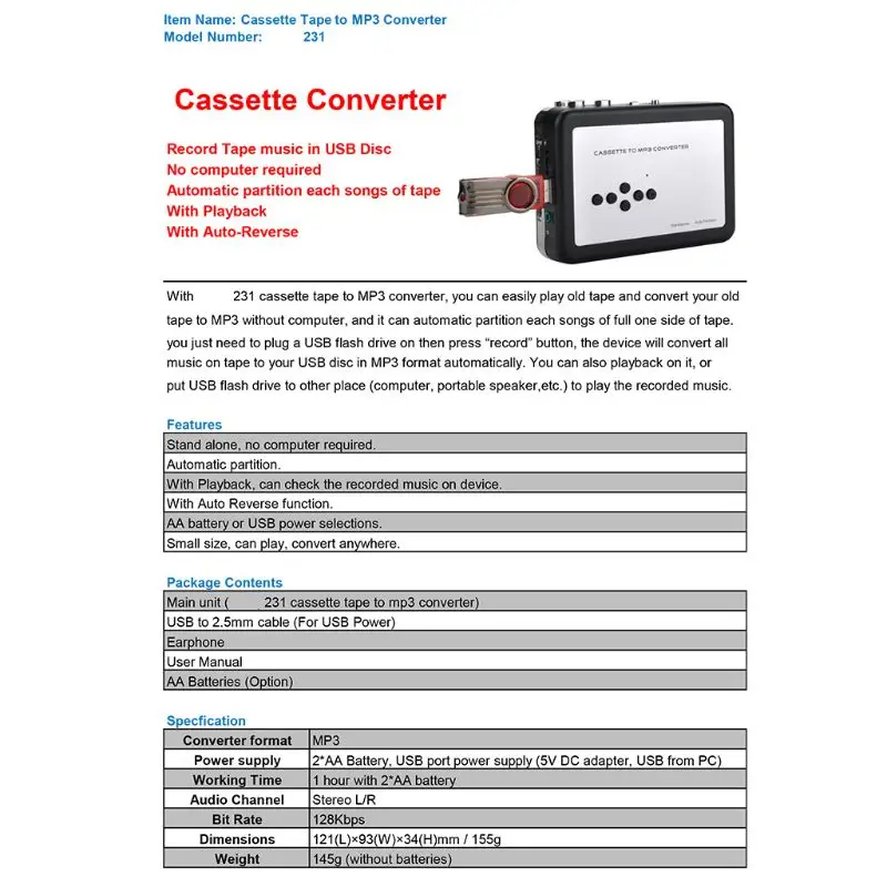 Cassette Tape Player Record Tape to MP3 Digital Converter,USB Cassette Capture