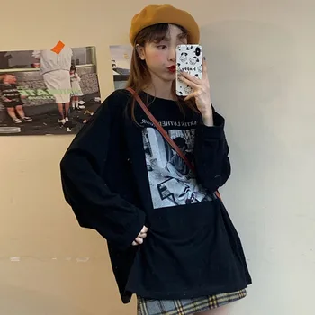 

Korean Simple oversized tees Women shirts harajuku Long Sleeve O-neck tshirt Leisure Cartoon Printing t shirt tops Tees Female